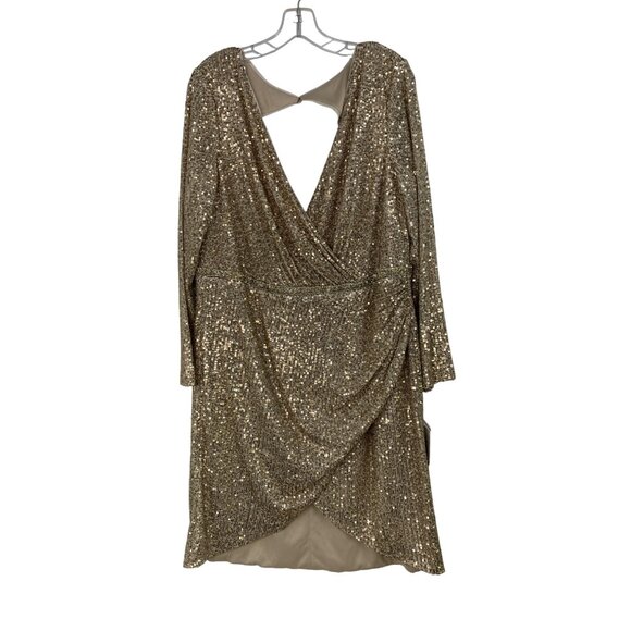 DB Studio Sequin Mock Wrap Dress Size 18 Gold Open Back RL10199 Davids Bridal - Picture 3 of 15